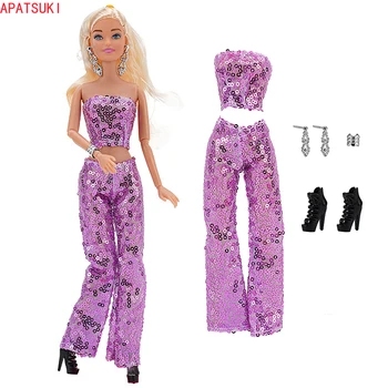 Фиолетовый комплект одежды с блестками для куклы Барби, топ без рукавов, Брюки, Черные туфли, браслет, серьги, наряды 1/6, Аксессуары для кукол, Игрушки