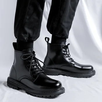 мужская повседневная деловая одежда для офиса, ботинки из натуральной кожи, обувь на платформе со шнуровкой, черные модные ковбойские ботинки, весенне-осенние ботильоны