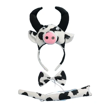Комплект из коровьих ушей и хвоста, костюм коровы, повязка на голову с ушками животных + Галстук-бабочка + Аксессуары для костюма животного с плюшевым хвостом