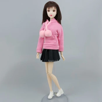 Розовый комплект одежды для куклы Барби, толстовка с капюшоном, черная плиссированная юбка для кукол 1/6 BJD, аксессуары, игрушки для детей