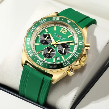 Роскошные модные мужские часы с кварцевым хронографом с золотым покрытием, японский механизм, хронограф, черно-зеленый циферблат Reloj