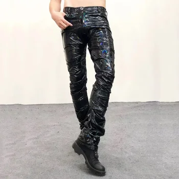 Красочное зеркало Волшебного цвета Erkek Pantolon Мужские модные брюки, плиссированные брюки, уличная одежда для ночного клуба, Блестящие Сексуальные кожаные брюки