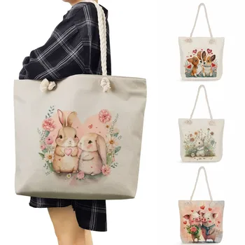 Мультяшные милые сумки с цветочным и животным принтом, повседневные женские сумки-тоут большой вместимости, дорожная пляжная сумка из толстой веревки, портативная
