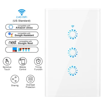 Сенсорный выключатель Tuya Smart Wifi US AC90-240V Smart Life Настенный выключатель 1/2/3 Банды Поддержка приложения eWeLink Alexa Google Home Assistant