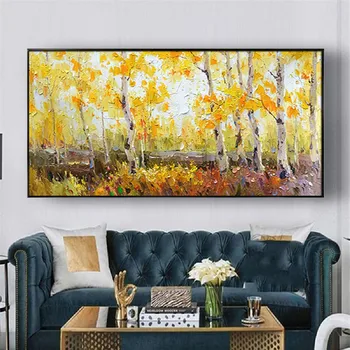 100% Абстрактные настенные картины ручной работы Большого размера с желтой текстурой Лесных деревьев на холсте, картина маслом, декор гостиной, Фреска
