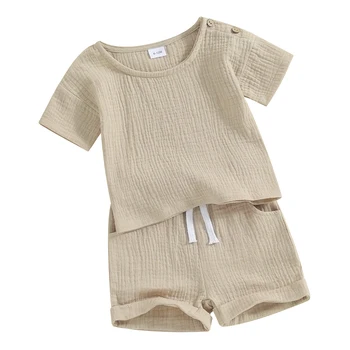 Хлопчатобумажная льняная одежда для маленьких мальчиков и девочек, однотонные топы с короткими рукавами, Шорты на шнурке, Комплект летней одежды для малышей, 2 шт.